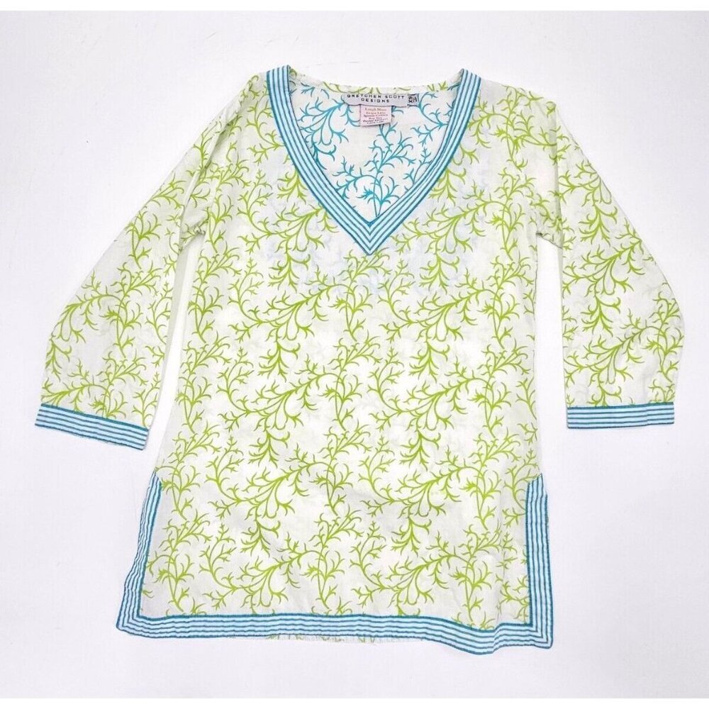 Gretchen Scott Designs Women's XS White Green Blue V-Neck Lightweight Tunic Top